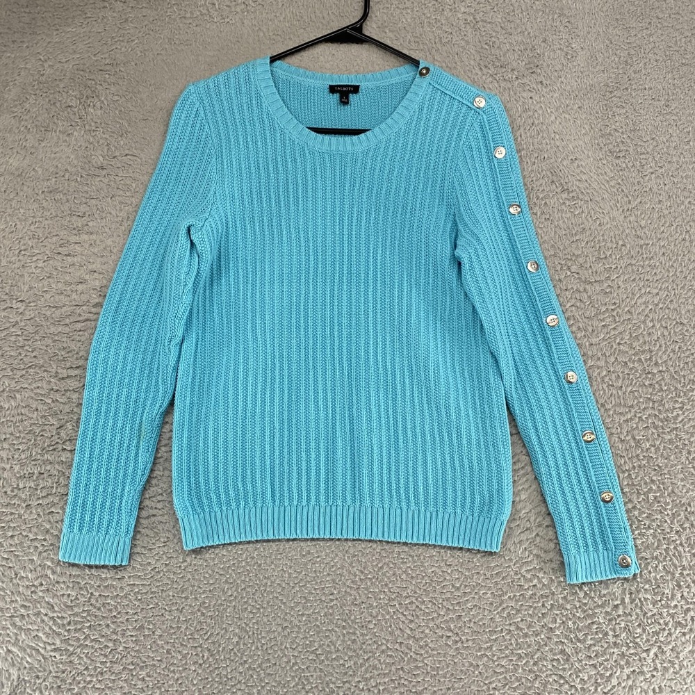Talbots Sweater Womens Small Blue Button Shoulder Sleeve Rib Knit Crewneck